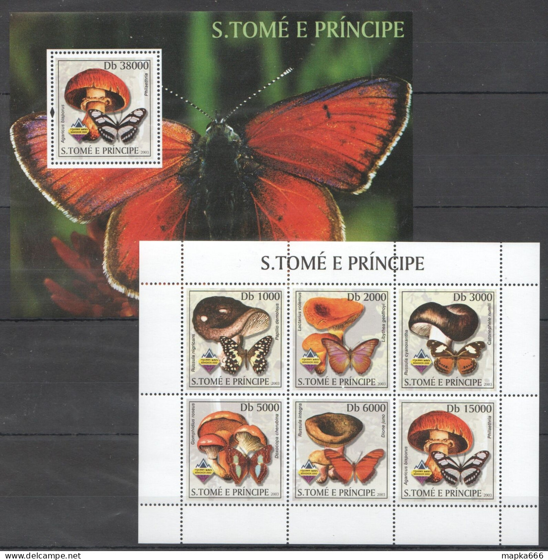 B1224 2003 S.Tome & Principe Butterflies Mushrooms Fauna Kb+Bl Mnh - Schmetterlinge