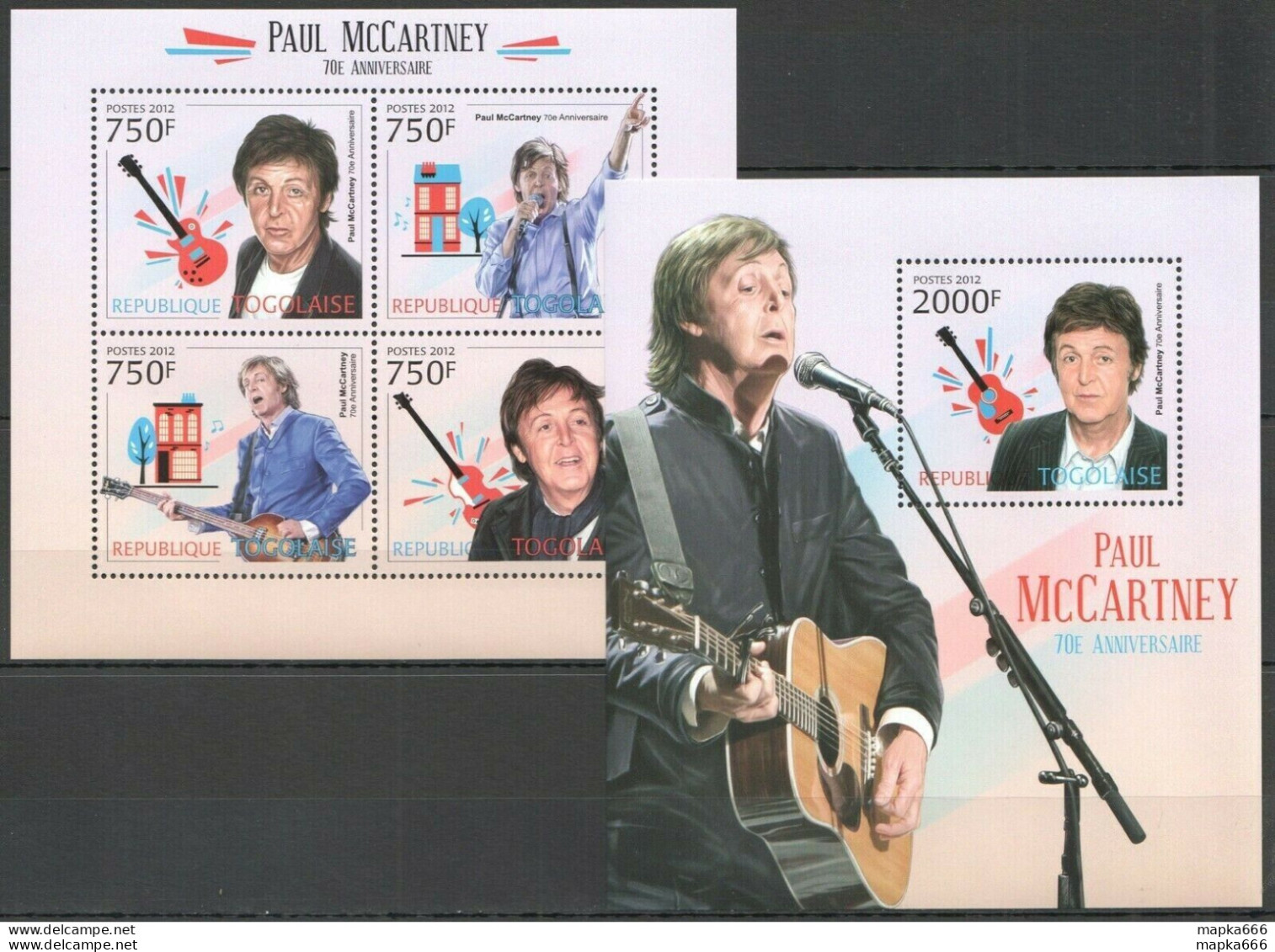 Tg824 2012 Togo Famous People Music Singer Paul Mccartney Bl+Kb Mnh - Autres & Non Classés