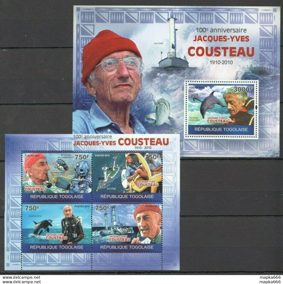 Tg1233 2010 Togo Fish & Marine Life Ships Jacques-Yves Cousteau Bl+Kb Mnh - Meereswelt