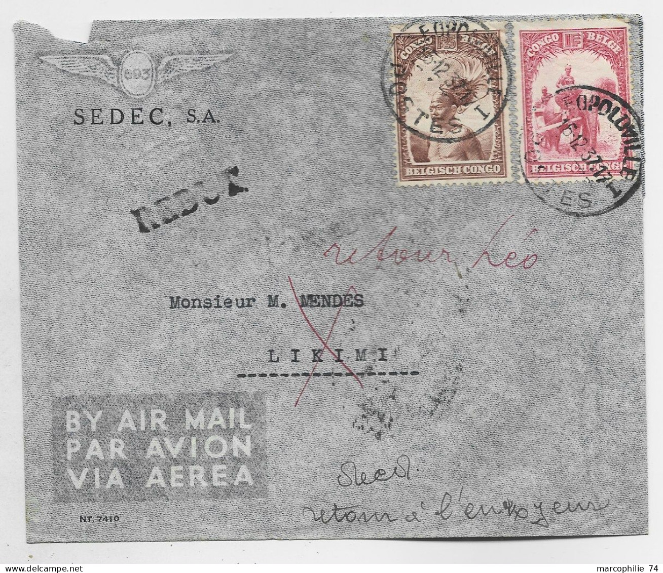 CONGO BELGE 1FR25 +1FR  LETTRE COVER AVION LEOPOLDVILLE 1937  TO LIKIMI + REBUT - Covers & Documents