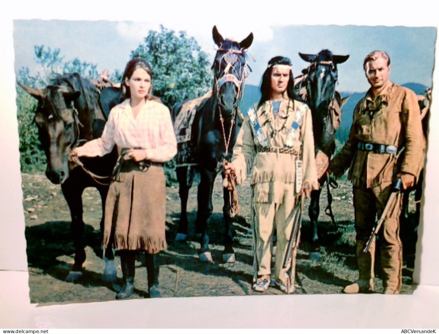 Karl May. Lex Barker, Pierre Brice Und Karin Dor. Alte Ansichtskarte / Filmkarte Farbig, Ungel., Um 1962. Szen - Non Classificati