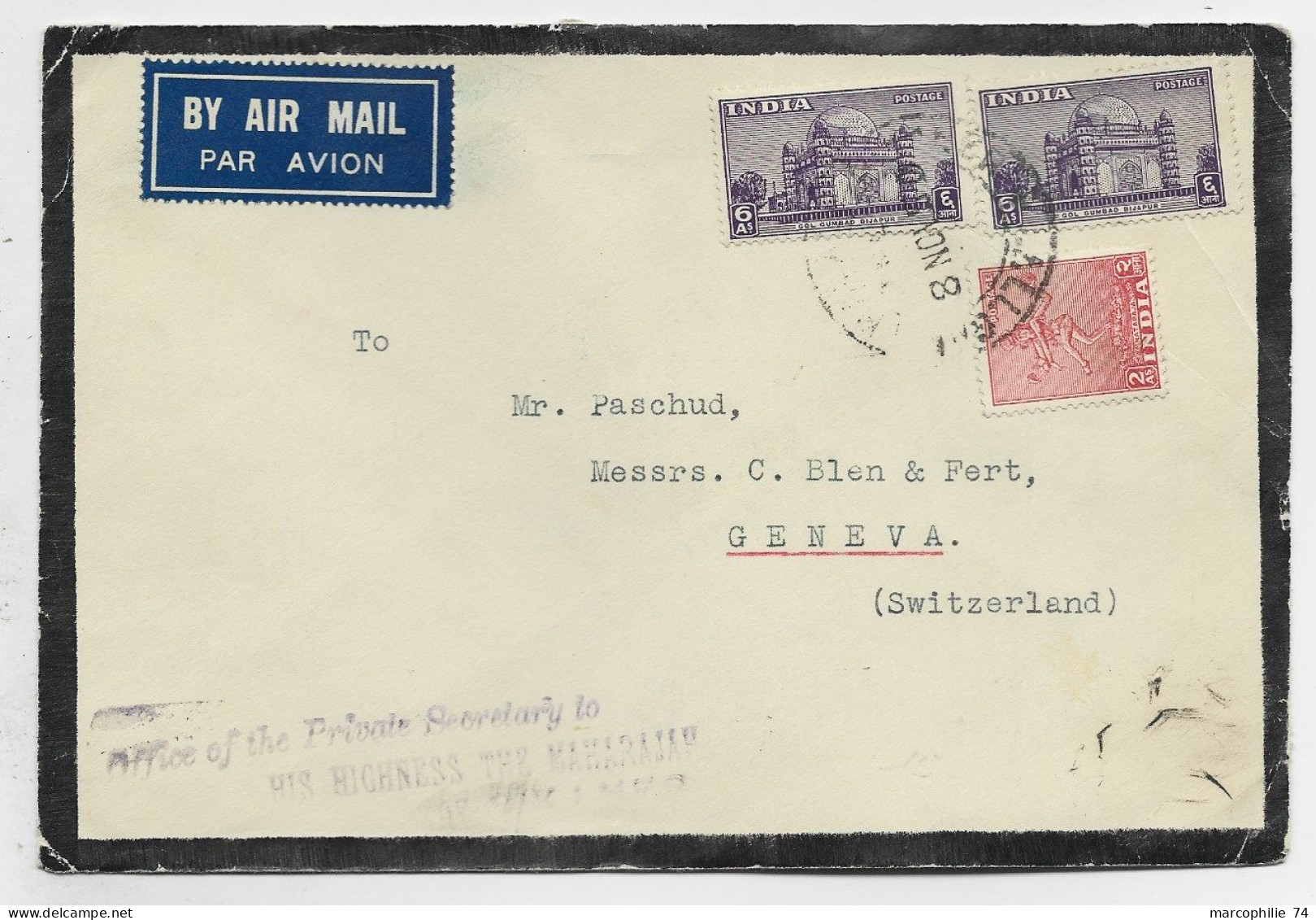 INDIA 1AS+6ASX2 LETTRE COVER DEUIL AIR MAIL PRIVATE SECRETARY HIS HIGHNESS THE MAHARAJAN TO SUISSE GENEVE - Brieven En Documenten