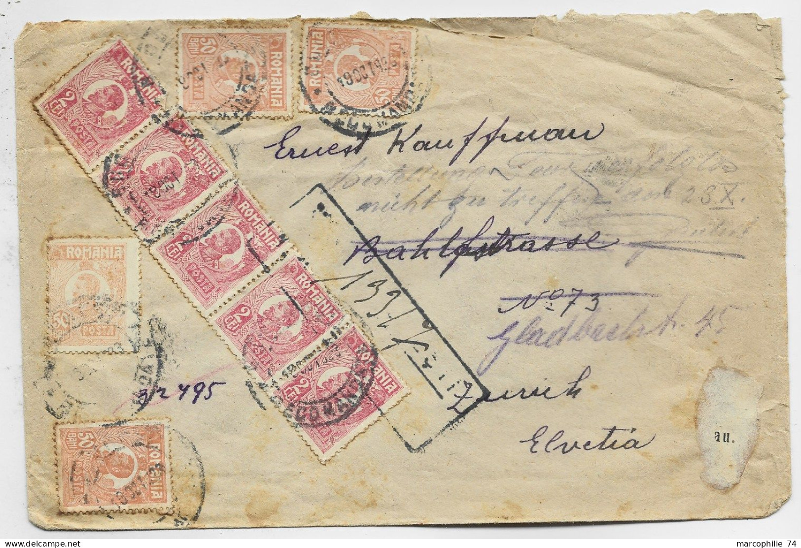 ROMANIA 2 LEI BANDE DE 5+50 BAHIX4 LETTRE COVER REC 19123 TO SUISSE - Lettres & Documents