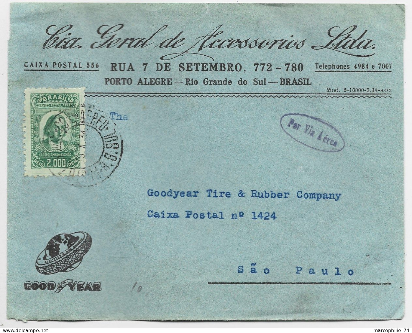 BRASIL BRESIL 2.000 SOLO LETTRE COVER PUB PENU GOOD YEAR PORTO ALEGRE 1931 TO SAO PAULO - Briefe U. Dokumente