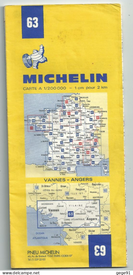 Carte Routière Michelin - 63 - Vannes Angers - édition De 1981 - Cartes Routières