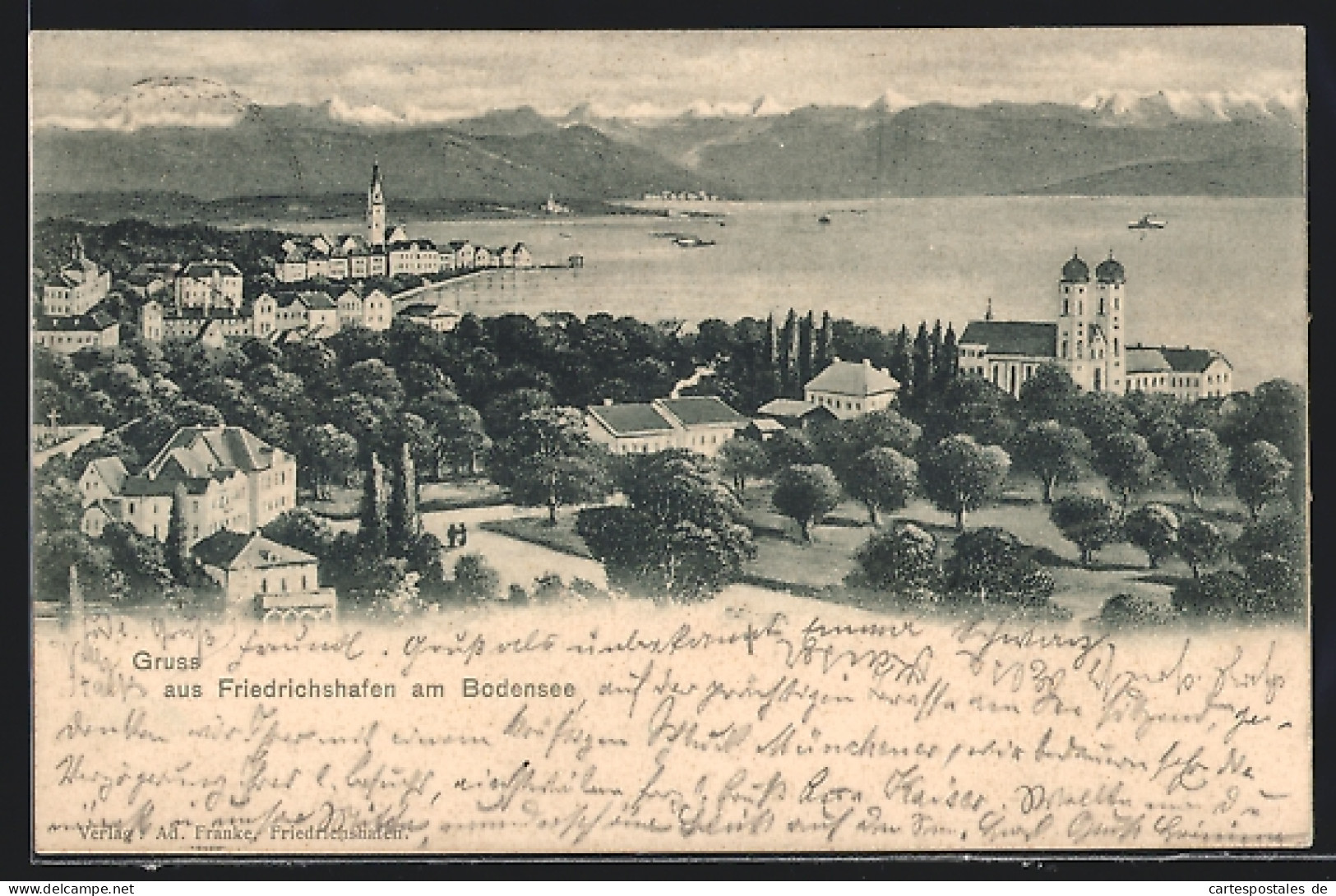 Künstler-AK Friedrichshafen Am Bodensee, Gesamtansicht Mit Alpenblick  - Friedrichshafen