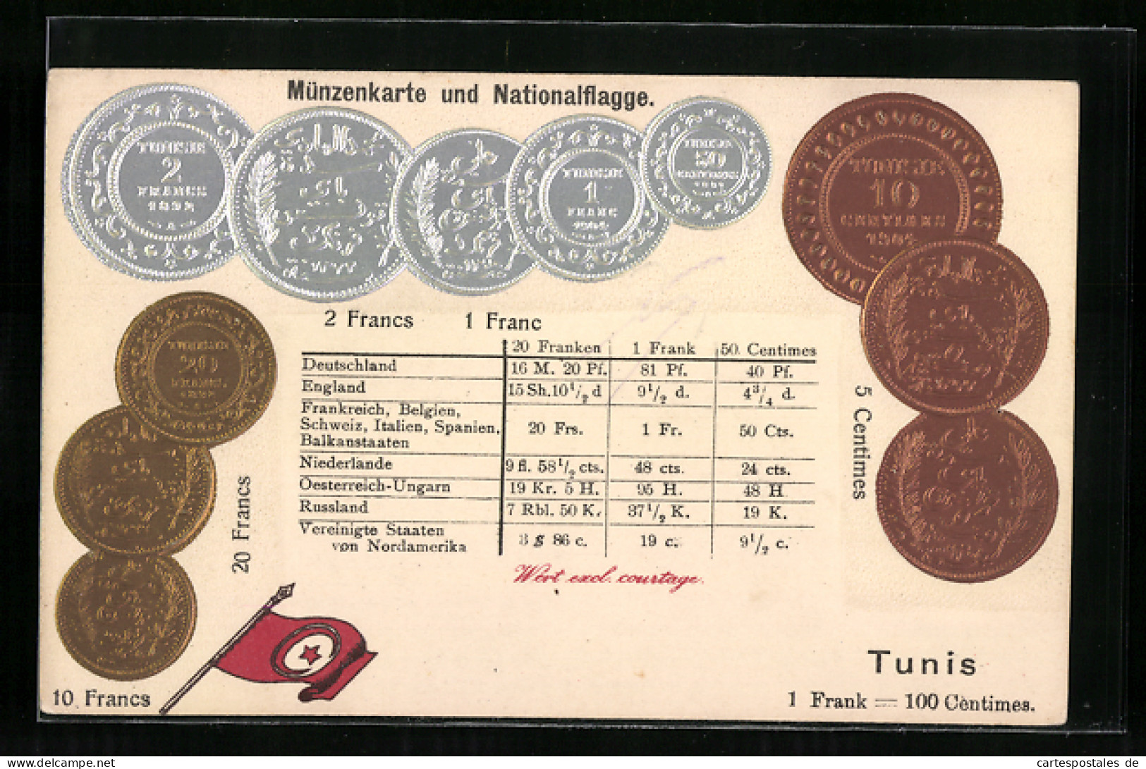 AK Tunesien, Geldmünzen, Wechselkurstabelle, Nationalflagge  - Monedas (representaciones)