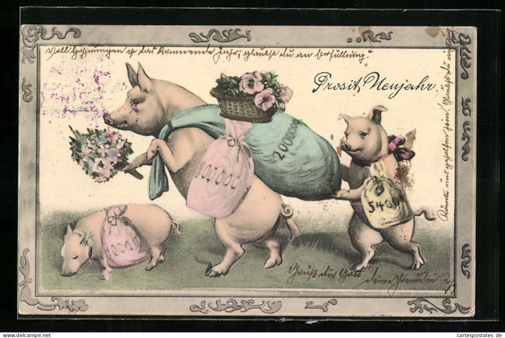 AK Prosit Neujahr, Schweine Mit Geldsäcken Als Vermenschlichte Tiere  - Pigs
