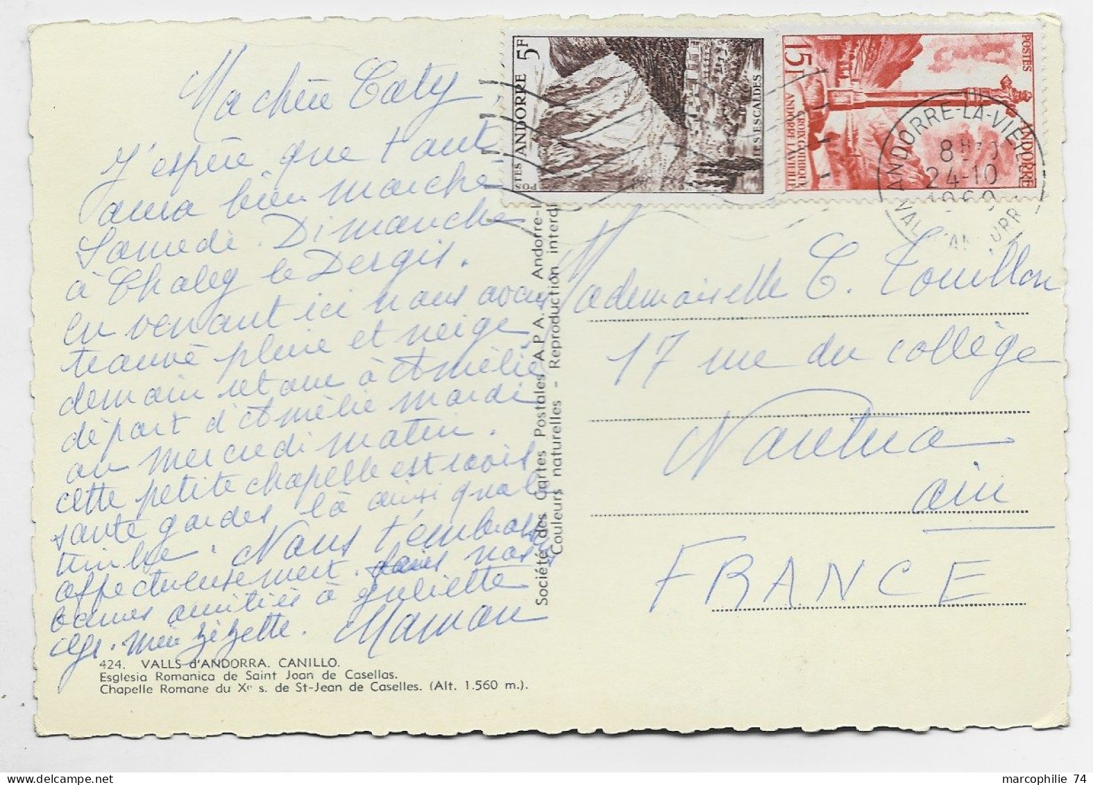 ANDORRE 15FR+5FR CARTE MEC ANDORRE LA VIEILLE 24.10.1960 POUR FRANCE - Storia Postale