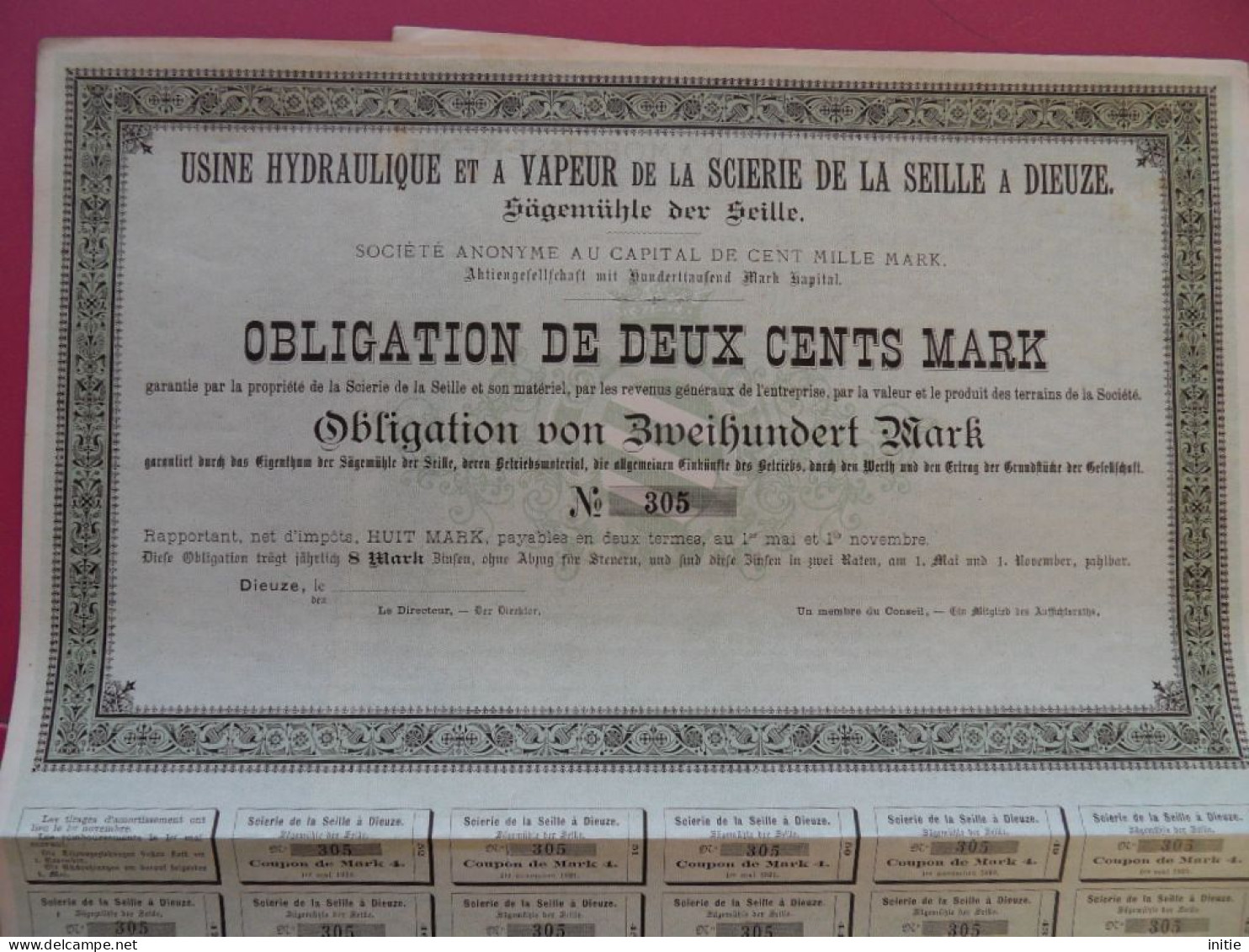 LOT DE 2 OBLIGATIONS NON EMISES BILINGUES DE 200 MARK USINE HYDRAULIQUE ET A VAPEUR DE LA SCIERIE DE LA SEILLE A DIEUZE - Altri & Non Classificati