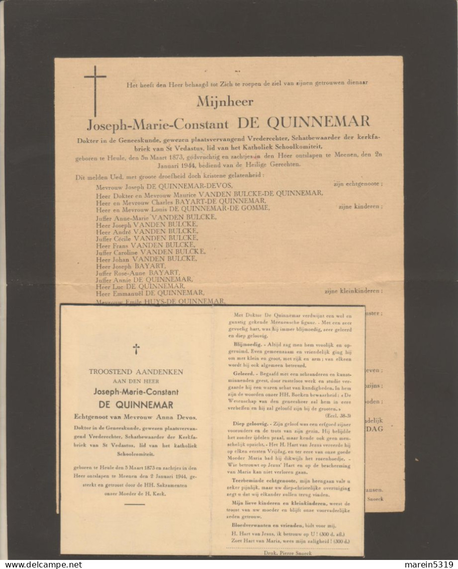 HEULE - Doodsbrief-+ Doodsprentje Van Josepf De Quinnemar- Dokter - 1873 - 1944 Meenen - Imágenes Religiosas