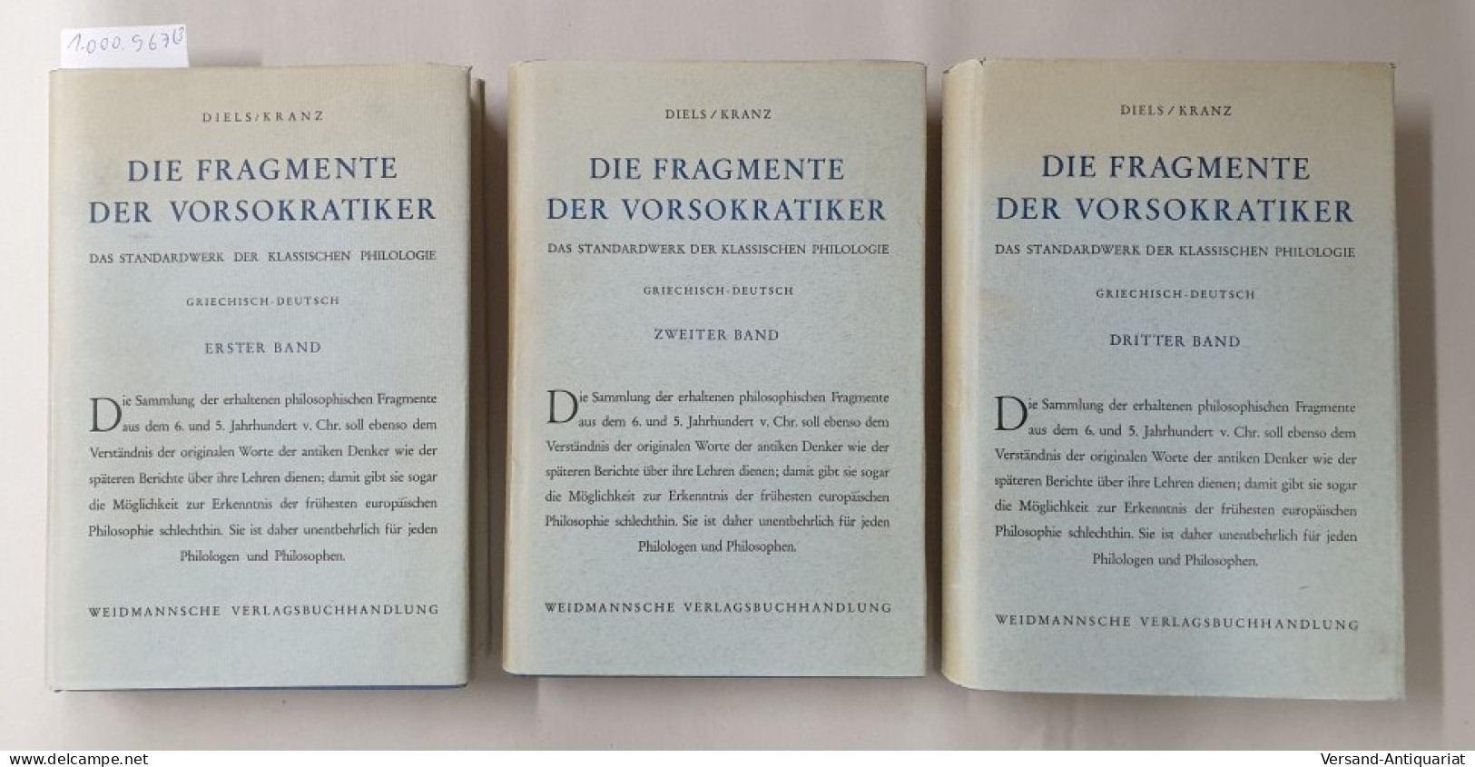 Die Fragmente Der Vorsokratiker, Griechisch Und Deutsch Von Hermann Diels : - Otros & Sin Clasificación