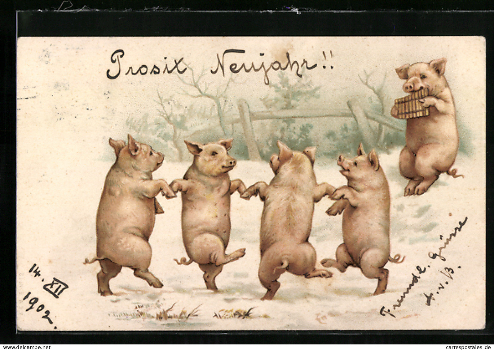 AK Tanz Der Ferkel, Vier Schweinchen Tanzen Im Schnee, Ein Anderes Spielt Auf Der Panflöte  - Cochons