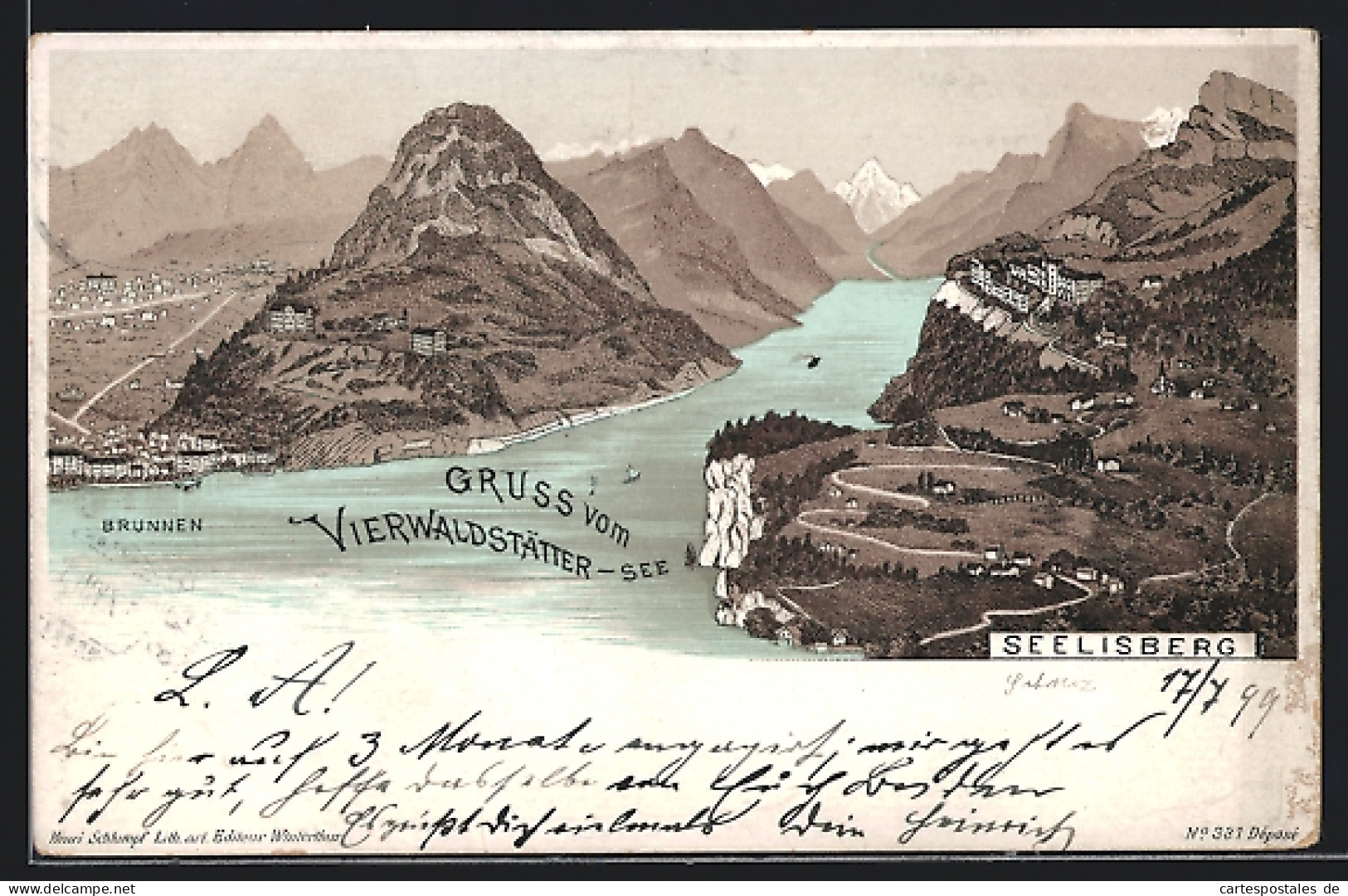 Lithographie Seelisberg, Panorama Mit Ort Und Vierwaldstätter-See  - Seelisberg