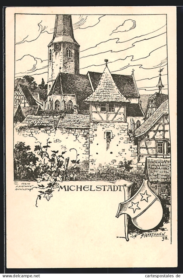 Künstler-AK Michelstadt, Partie Am Kirchturm, Wappen  - Michelstadt