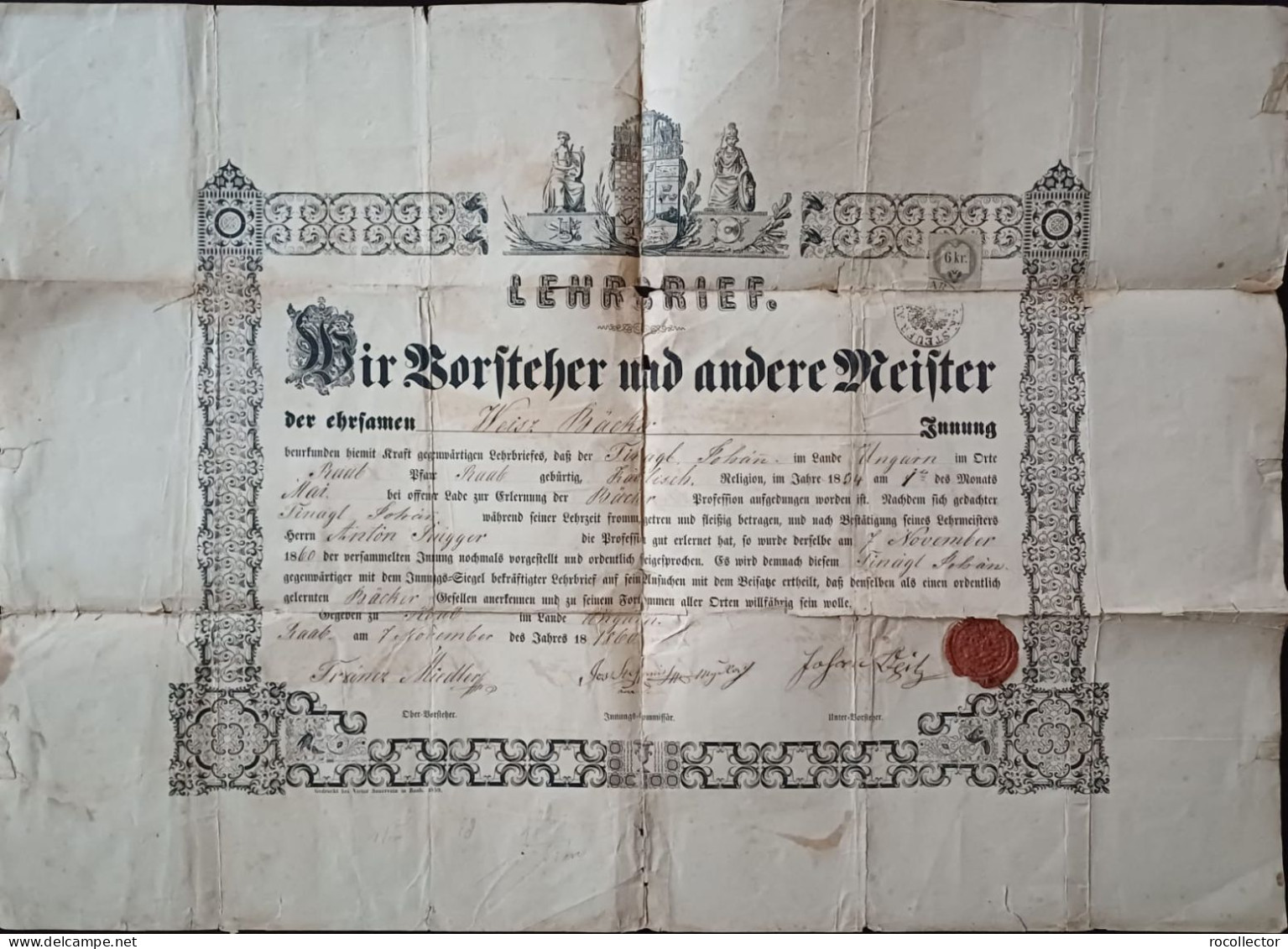 Baker Diploma 1860 Given By The Guild Of Bakers From Gyor, Hungary A2455N - Diplomas Y Calificaciones Escolares