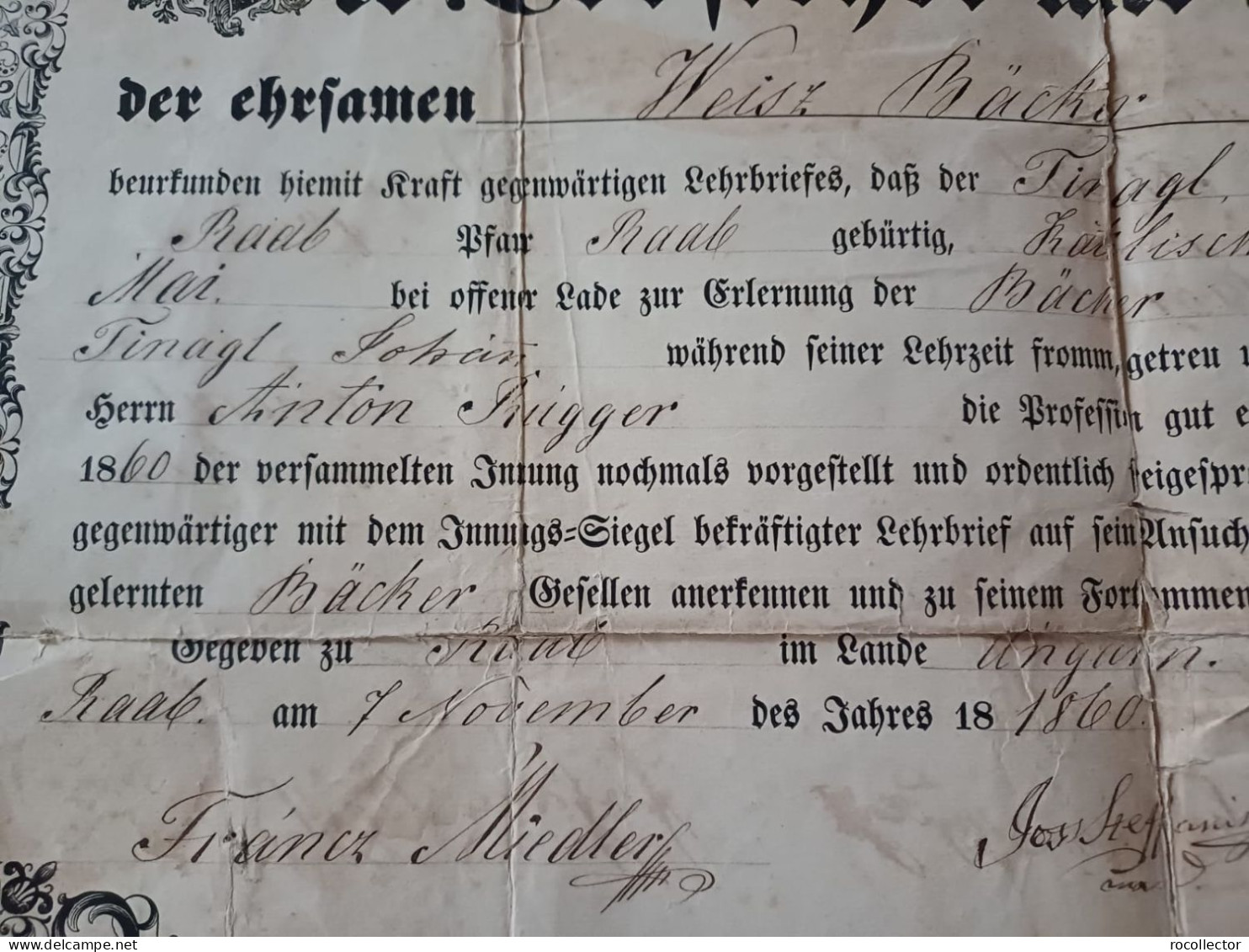 Baker Diploma 1860 Given By The Guild Of Bakers From Gyor, Hungary A2455N - Diplomas Y Calificaciones Escolares