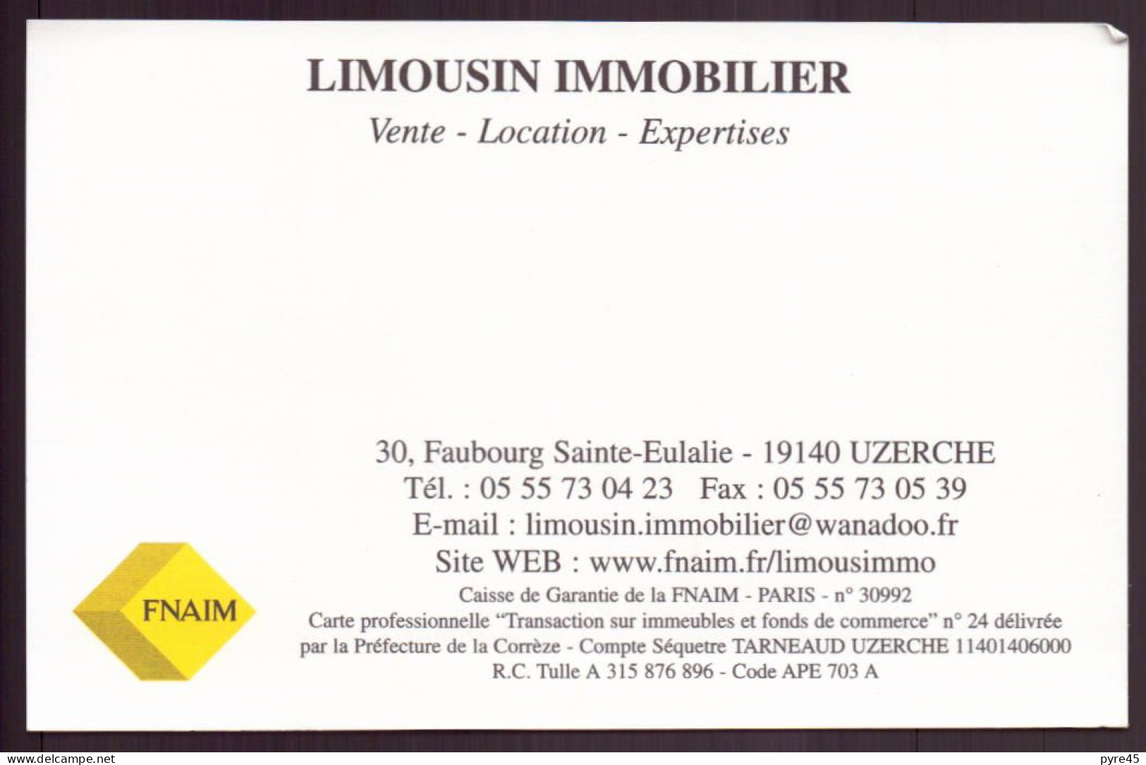 CARTE PUBLICITAIRE LIMOUSIN IMMOBILIER A UZERCHE VENTE LOCATION - Visitekaartjes