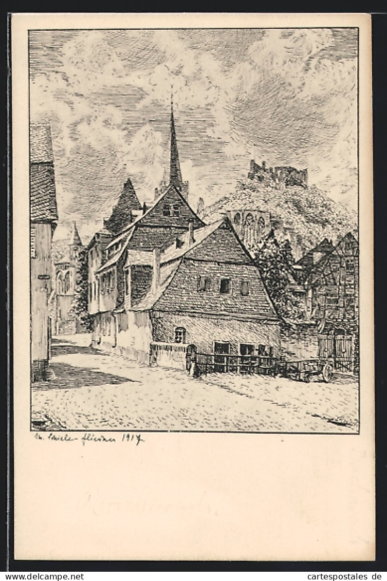 Künstler-AK Bacharach, Strassenpartie Mit Kirchturm  - Bacharach