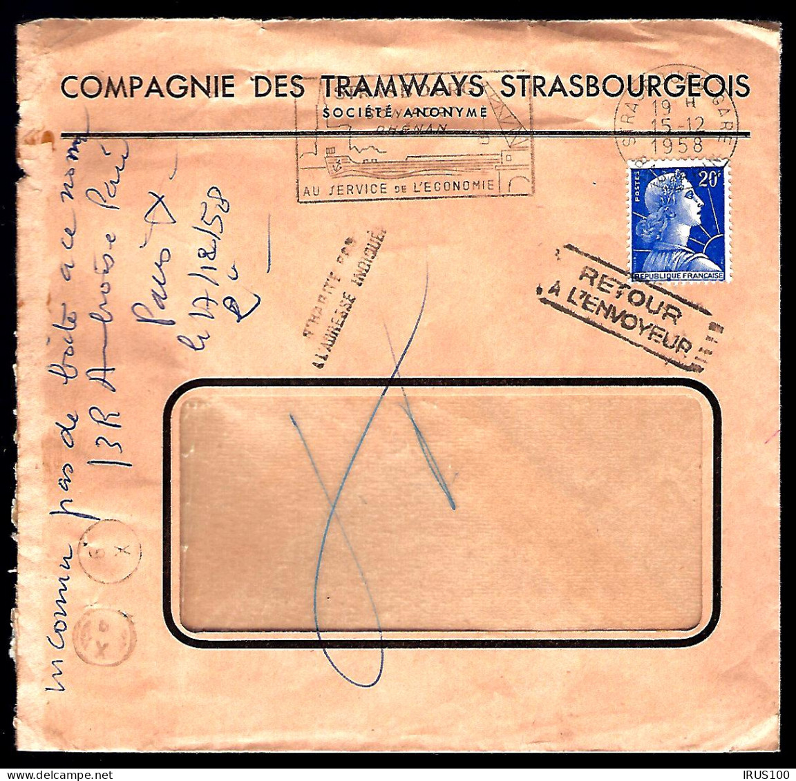RETOUR À L'ENVOYEUR - 1958 - COMPAGNY DE TRAMWAYS DE STRASBOURG - MARIANNE DE MULLER - - Storia Postale