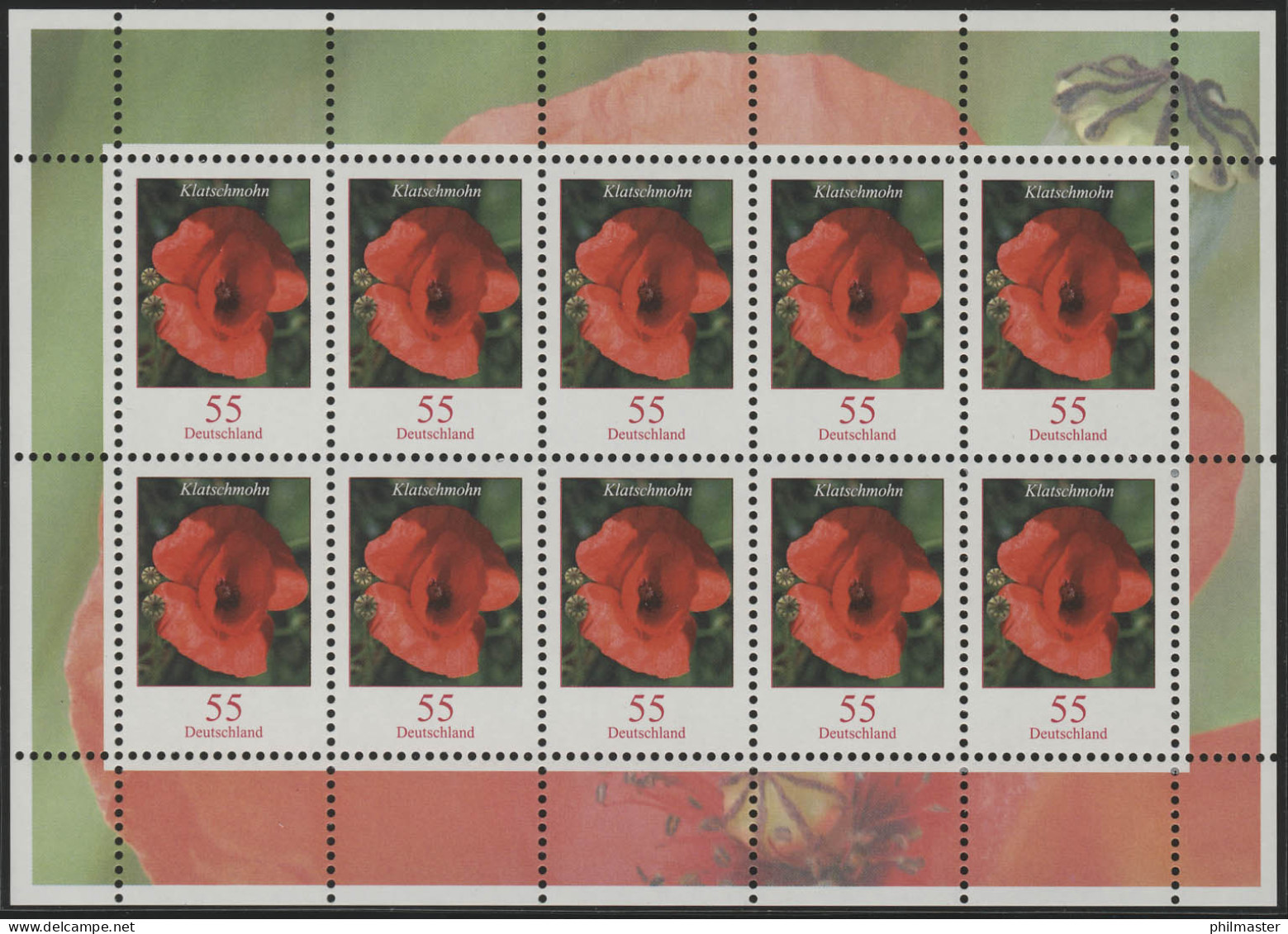 2472 Blumen 55 Cent Klatschmohn - Zehnerbogen ** Postfrisch - 2001-2010