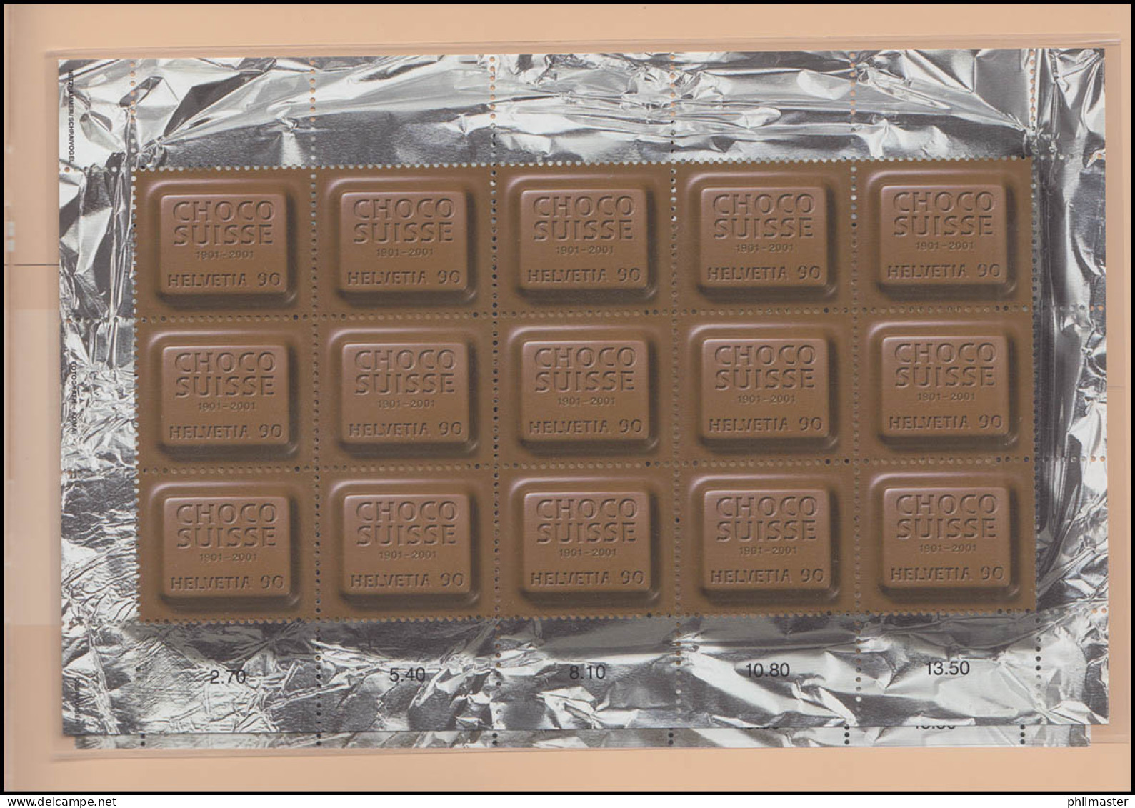 Schweiz PTT-Edition Schokoladenfabrikanten 2001, Text Italienisch, Kleinbogen ** - Maximumkaarten