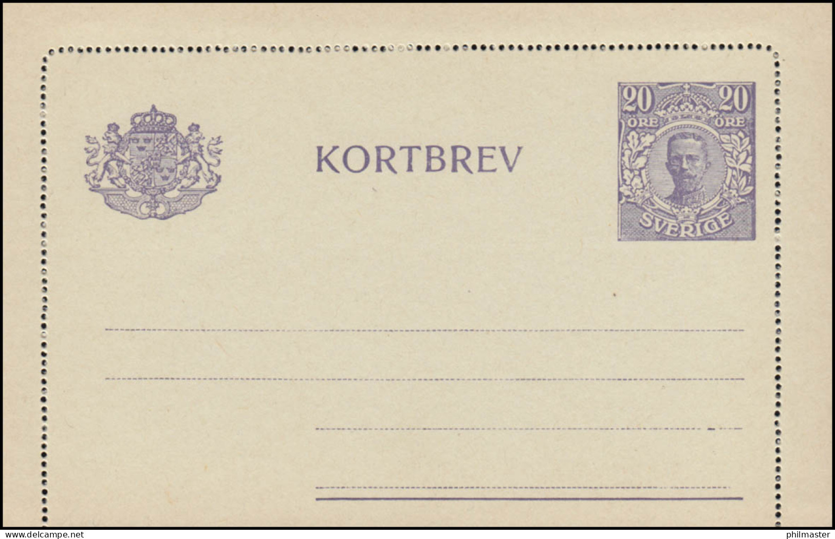 Schweden Kartenbrief K 20 KORTBREV König Gustav 20 Öre Ohne Druckdatum, ** - Postal Stationery