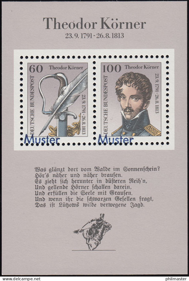 Block 25 Schriftsteller Theodor Körner, Muster-Aufdruck - Variétés Et Curiosités