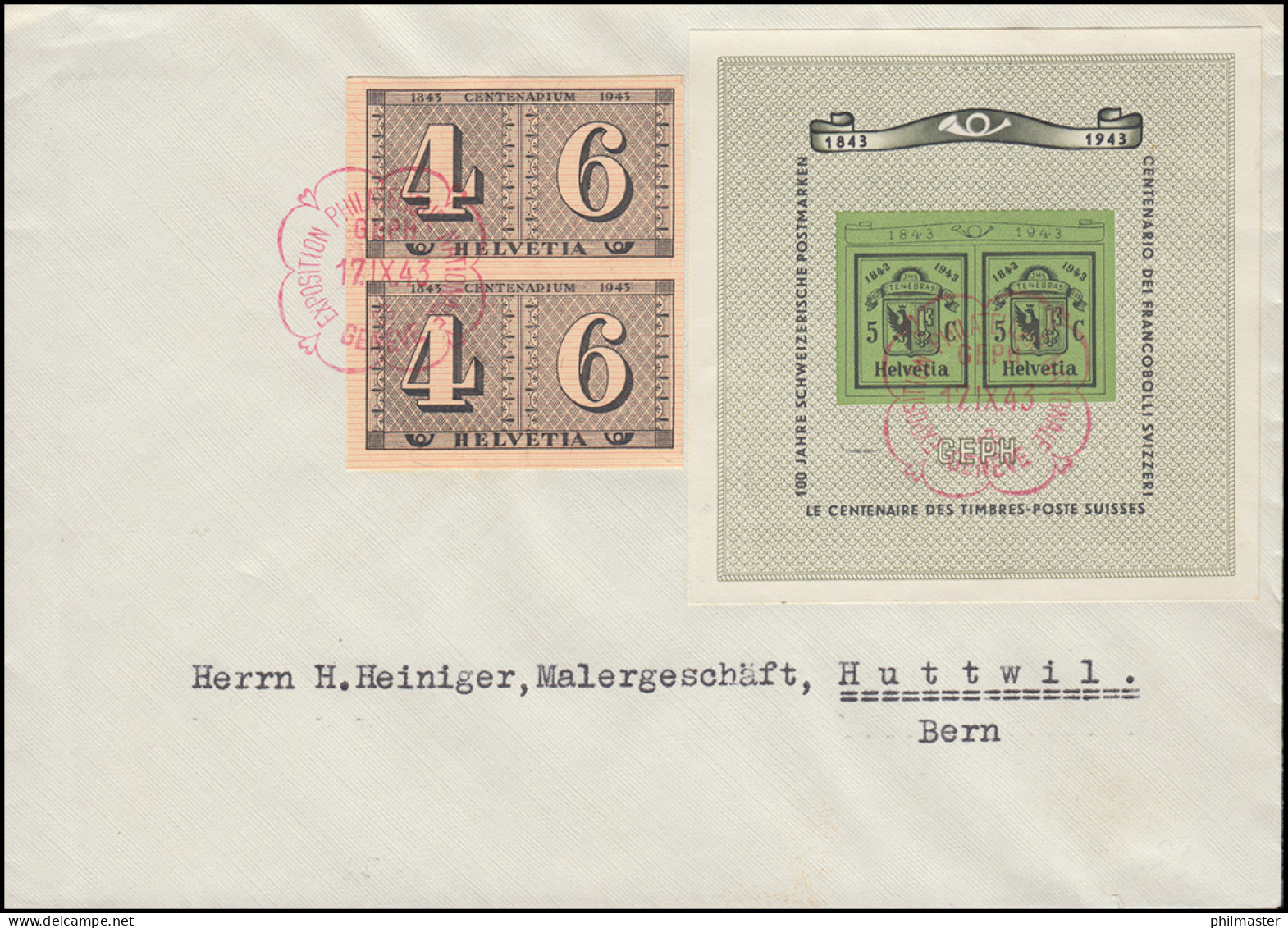 Schweiz Block 10 GEPH Briefmarkenausstellung Mit Zusatzfr. FDC GENF 17.9.1943 - Autres & Non Classés