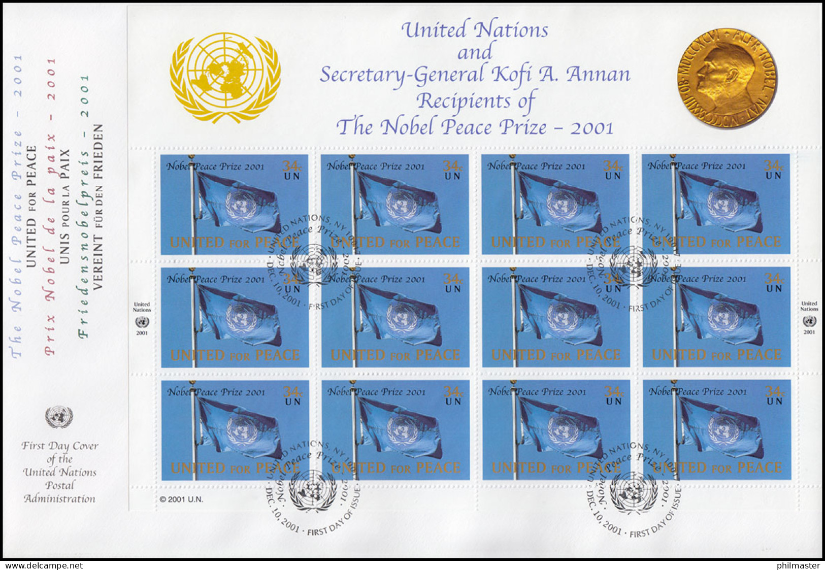 UNO New York 888 Friedensnobelpreis 2001 - Kleinbogen Auf Schmuck-FDC N.Y. - Nobelprijs