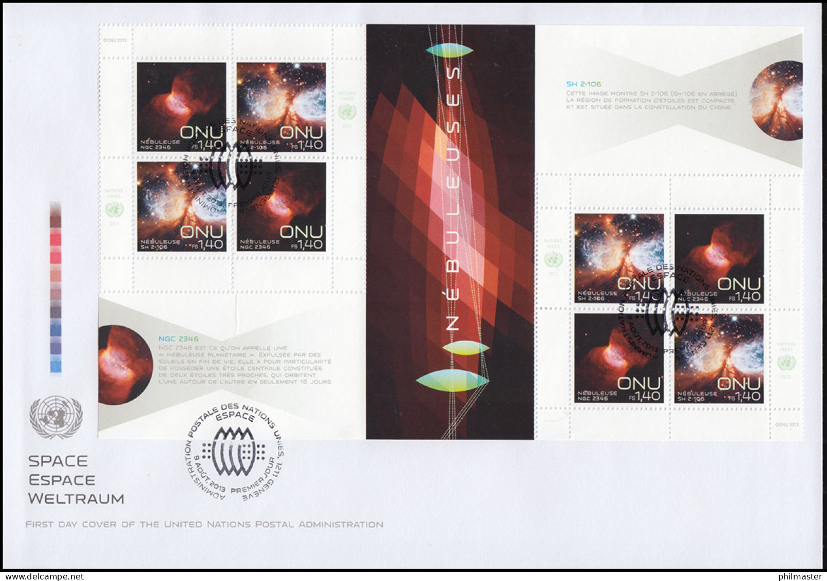 UNO Genf 829-830 Weltraumwoche 2013: Zusammendruck-Bogen (2x2 + 2x2) Schmuck-FDC - Sterrenkunde