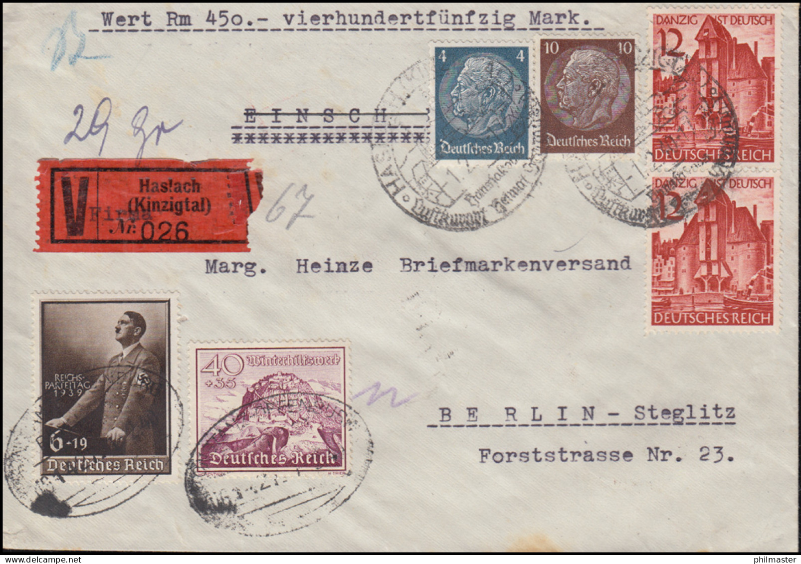 701 Reichsparteitag + 738 WHW Bauwerke + Zusatzfr. Wert-Brief SSt HASLACH 1.2.40 - Lettres & Documents