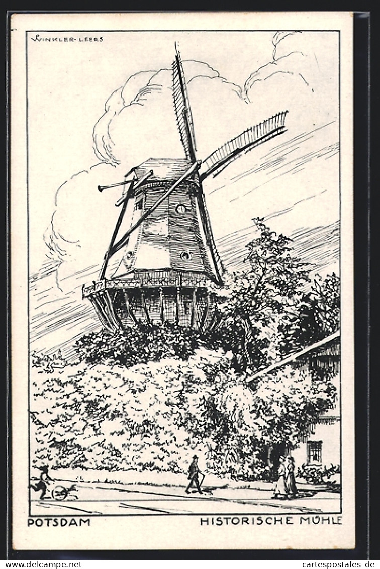 Künstler-AK Potsdam, Historische Windmühle Mit Passanten  - Windmolens