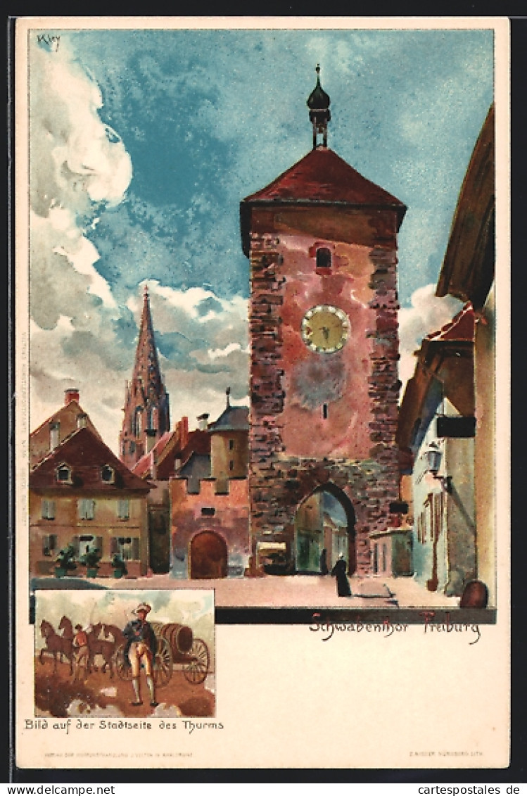 Künstler-AK Heinrich Kley: Freiburg, Schwabenthor & Bild Auf Der Stadtseite Des Thurms  - Kley