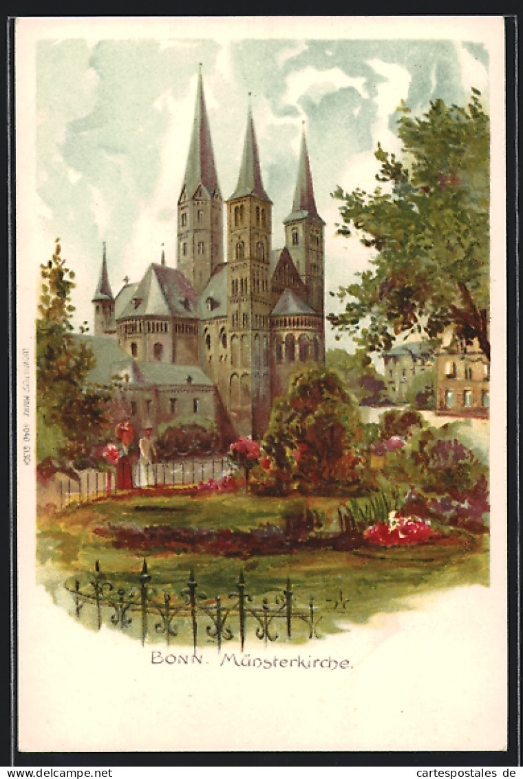 Lithographie Bonn, Parkpartie An Der Münsterkirche  - Münster