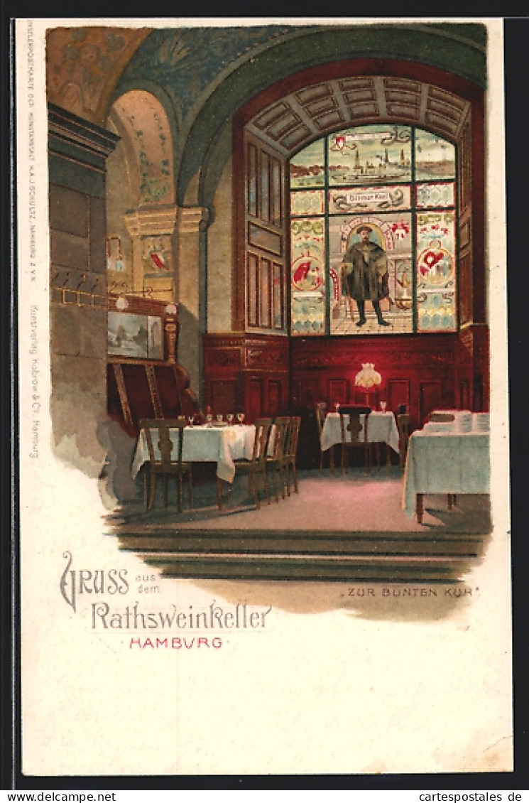 Lithographie Hamburg, Gasthaus Rathsweinkeller, Zur Bunten Kuh  - Mitte