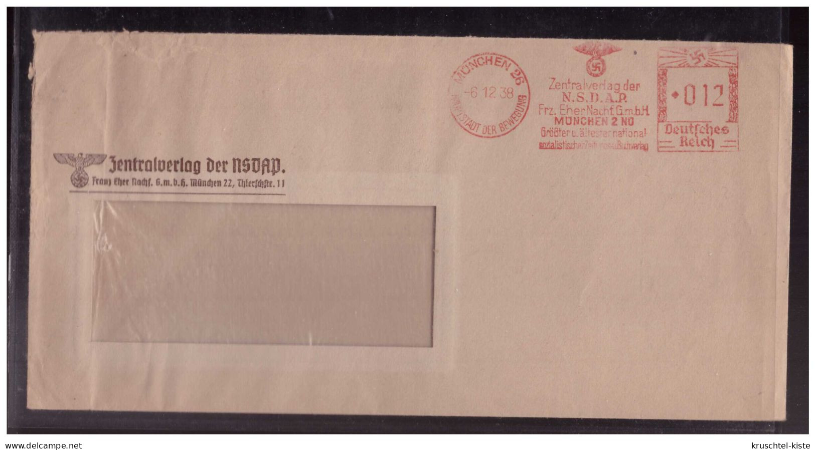 Dt Reich (024258) Fensterbrief Mit Vordruck Und Freistempel München, Zentralverlag Der NSDAP, Gelaufen 6.12.1938 - Frankeermachines (EMA)