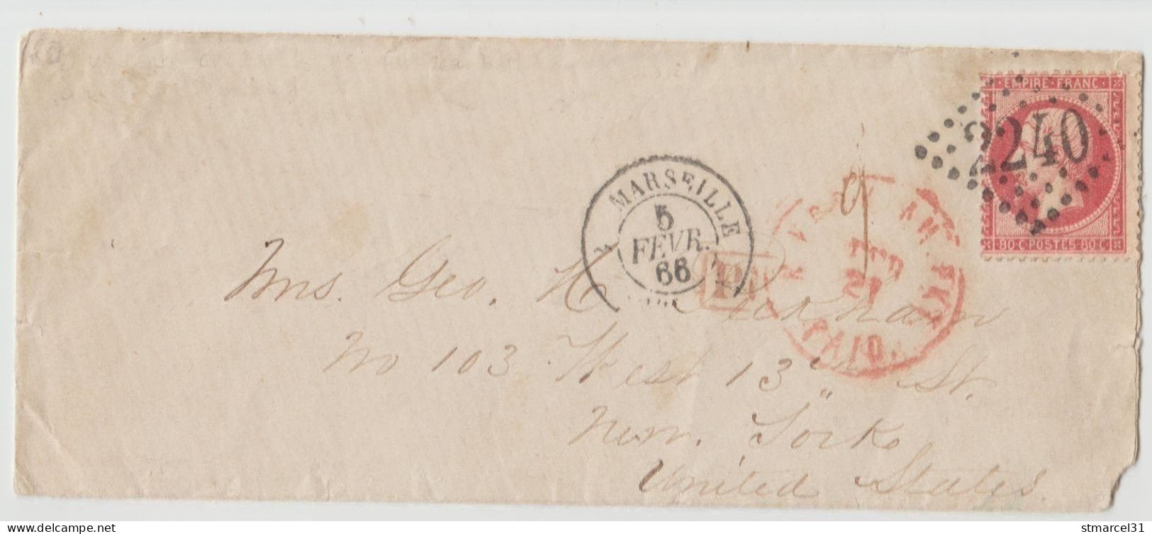 AU 1er SERVI ENVELOPPE  Pour NEW YORK ETATS UNIS N°24 TBE - 1862 Napoléon III