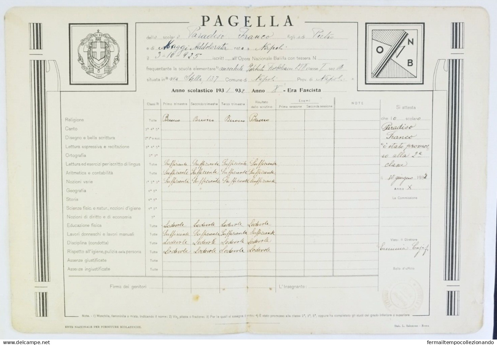 Bp56 Pagella Fascista Opera Balilla Regno D'italia Napoli 1932 - Diploma & School Reports