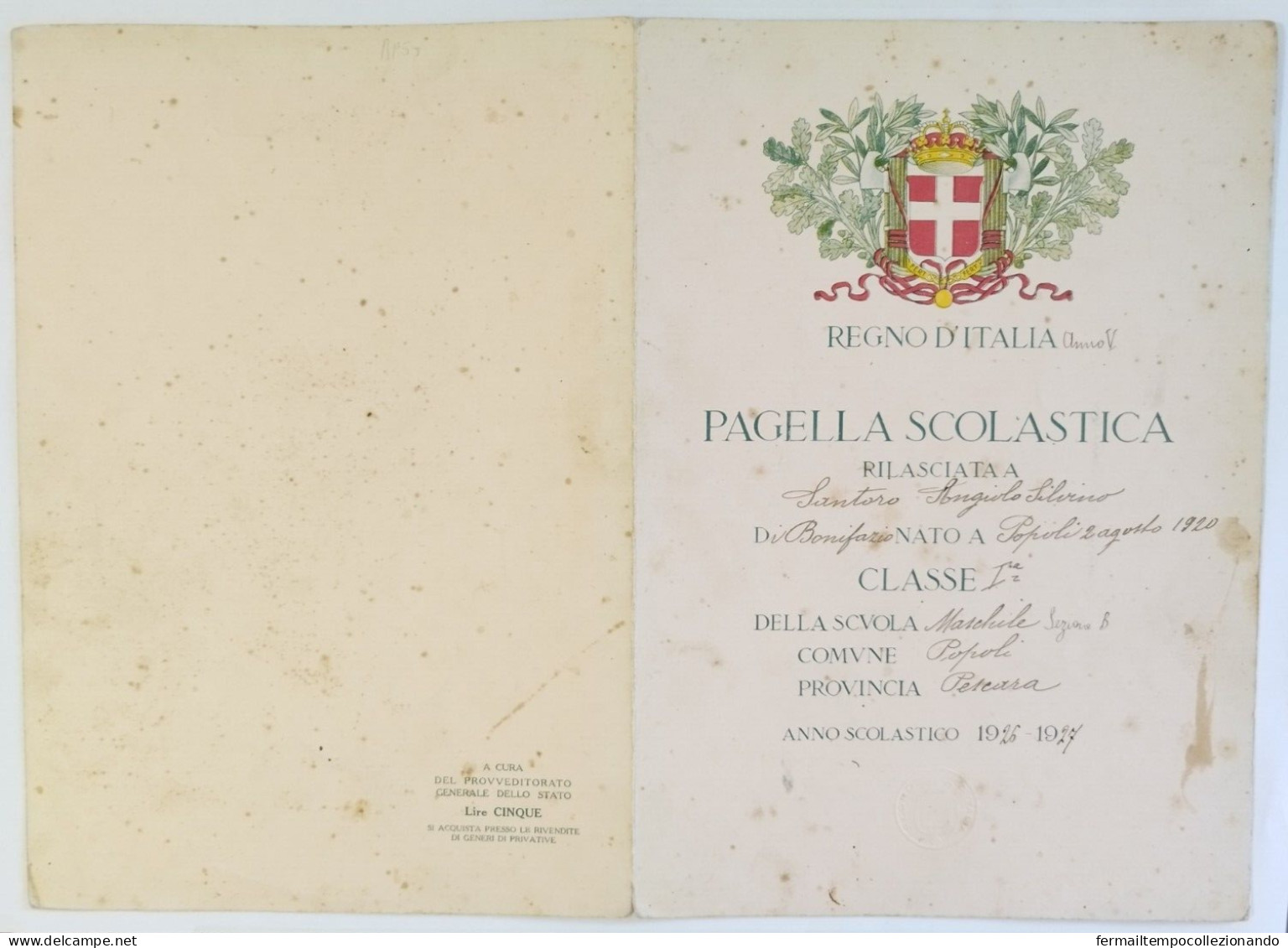 Bp55 Pagella Fascista Opera Balilla Regno D'italia Popoli Pescara 1927 - Diplomas Y Calificaciones Escolares