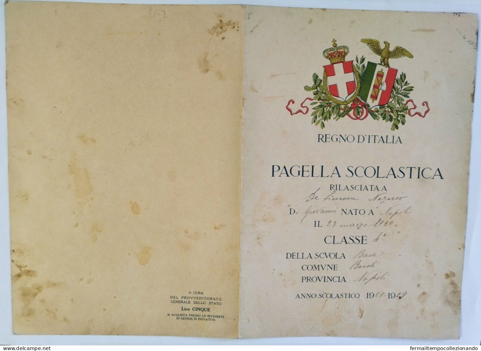 Bp57 Pagella Fascista Opera Balilla Regno D'italia Baia Bacolo Napoli 1929 - Diplômes & Bulletins Scolaires