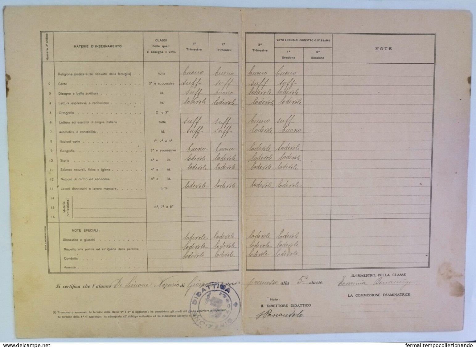 Bp57 Pagella Fascista Opera Balilla Regno D'italia Baia Bacolo Napoli 1929 - Diploma & School Reports