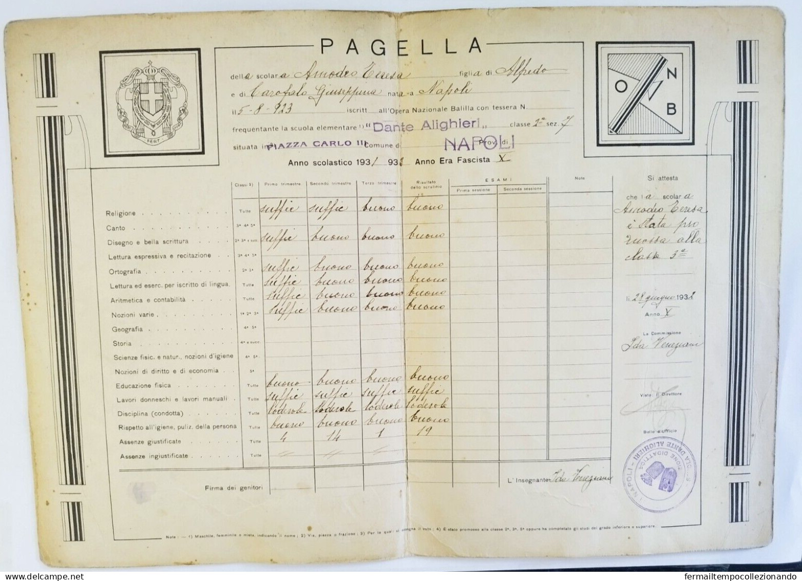 Bp54 Pagella Fascista Opera Balilla Regno D'italia Napoli - Diploma's En Schoolrapporten