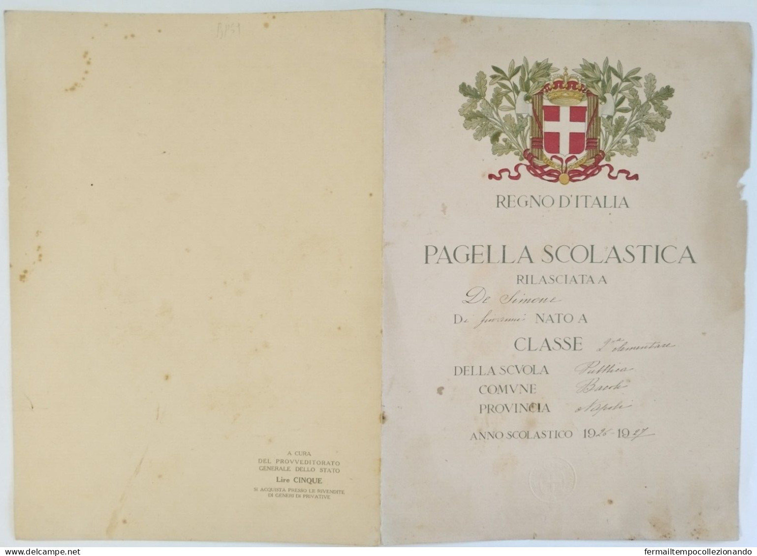 Bp59 Pagella Fascista Opera Balilla Regno D'italia  Bacoli Napoli 1927 - Diploma & School Reports