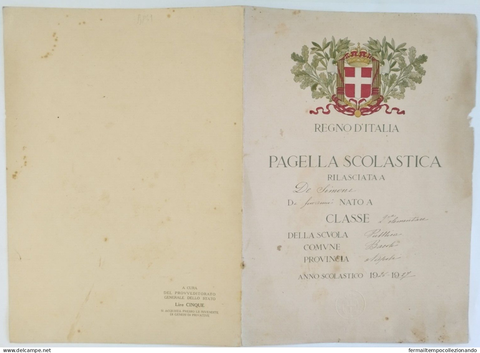 Bp59 Pagella Fascista Opera Balilla Regno D'italia  Bacoli Napoli 1927 - Diplômes & Bulletins Scolaires