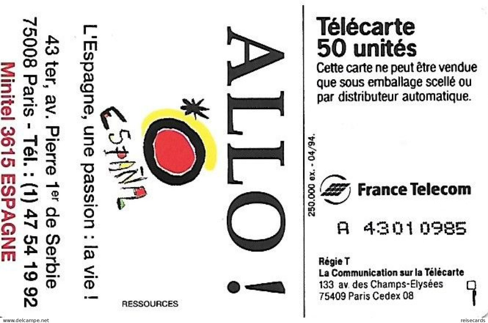 France: France Telecom 04/94 F459 Hola Espagna - La Mer - 1994