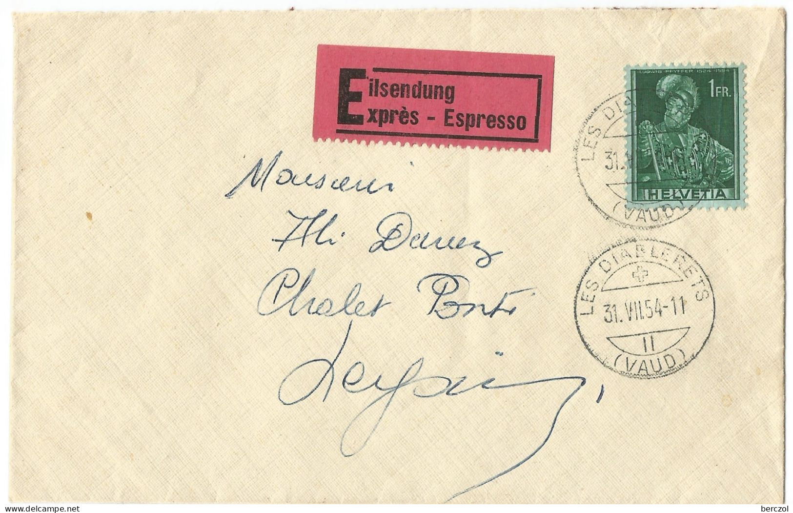 SUISSE ANNEE 1954 LETTRE EXPRES DU 31 VII 54 POUR LEYSIN TP N°363 (N°CAT. YT) TB - Cartas & Documentos
