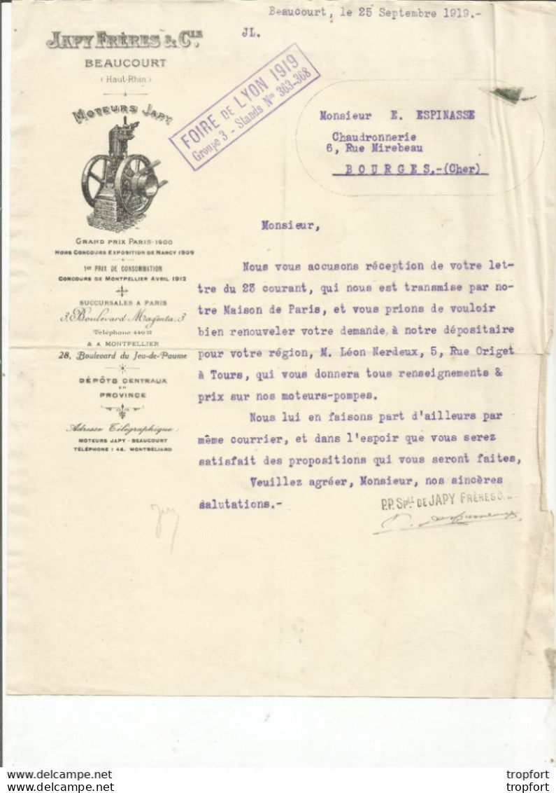 GK / BEAUCOURT Moteurs JAPY 1919 Lettre FACTURE Ancienne Old Advertising Invoice - Artigianato