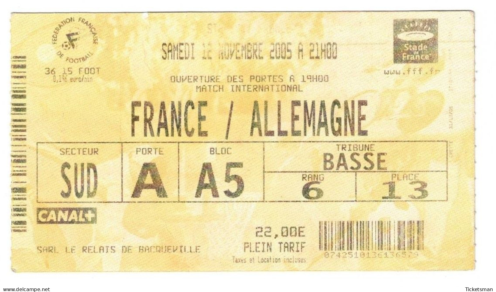 Football Ticket Billet Jegy Biglietto Eintrittskarte France - Allemagne Deutschland 12/11/2005 - Tickets - Entradas