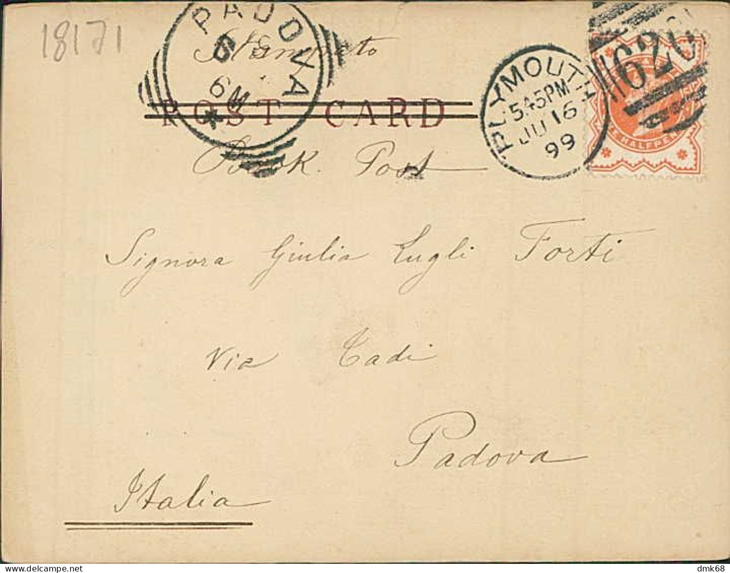 ENGLAND -  PLYMOUTH - EDDYSTONE LIGHTHOUSE  - MAILED TO ITALY 1899 / STAMP (18171) - Autres & Non Classés